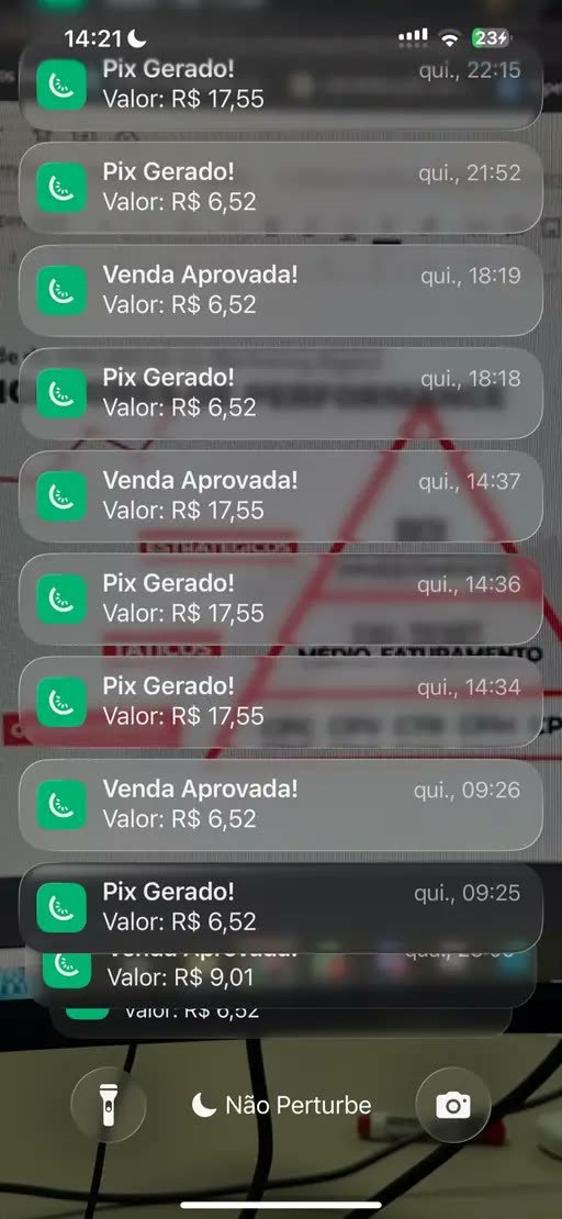 Notificações de vendas aprovadas e Pix gerados no celular