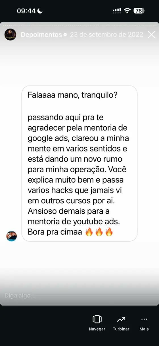 Depoimento: agradecimento pela mentoria de Google Ads